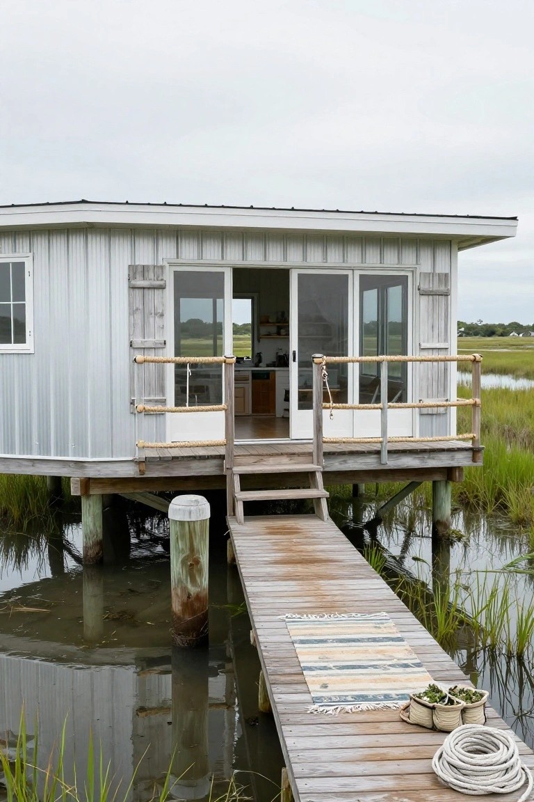 Gray corrugated metal cabin elevated on wooden pilings over marsh water, with a wooden dock, stairs, railing, striped rug, potted plants, and coiled rope leading to sliding glass doors.