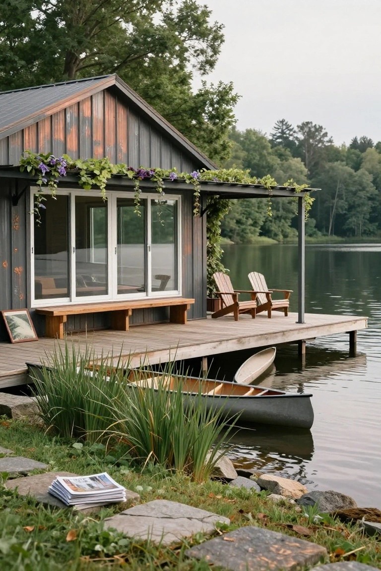 Rustic lakeside cabin with wooden dock, canoes, and two Adirondack chairs.