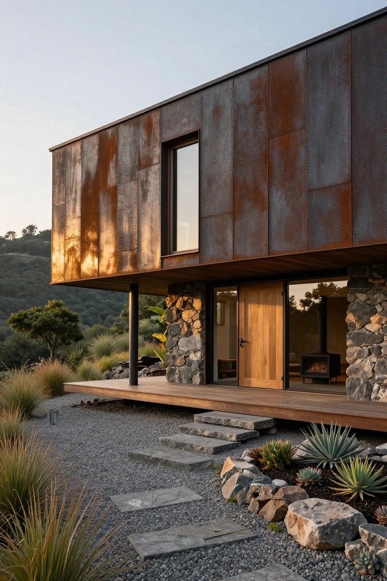 Elevated modern cabin with rusted metal panel cladding on the facade, stone base walls, wooden deck and entry door, steps leading to gravel path amid native grasses and agave plants on a hillside.
