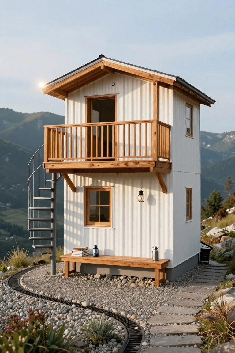 Small two-story white vertical board cabin with dark metal gabled roof, upper wooden balcony and railing, external spiral metal staircase, lantern light, wooden bench with books and bottles, winding stone path and gravel edging on rocky mountain hillside.