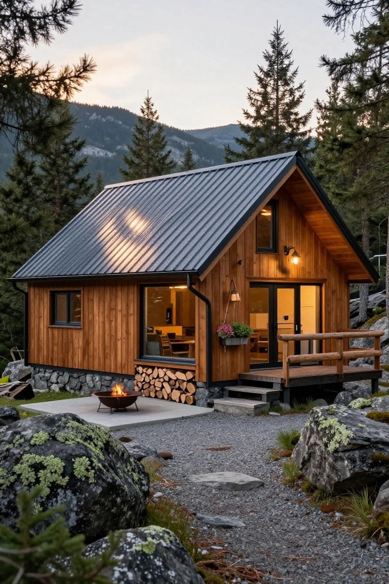 Small A-frame wooden cabin with dark corrugated metal roof and vertical wood cladding on stone base, front deck with fire pit, surrounded by pine trees, rocks, and gravel path in mountainous terrain at dusk.