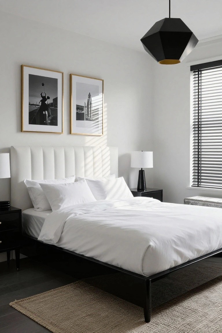 A bedroom featuring a white tufted upholstered headboard on a black platform bed with white bedding, flanked by black nightstands and lamps, black and white framed photos on white walls, a black geometric pendant light, and hardwood floors with a beige rug.