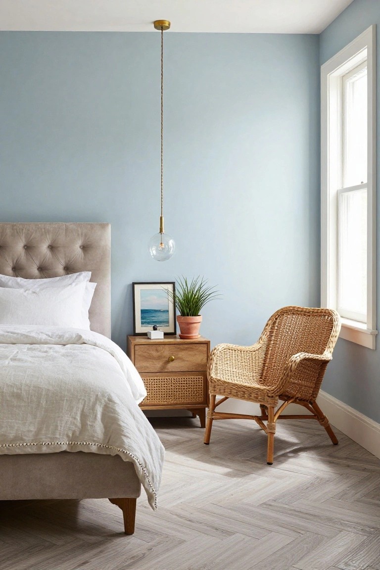 Bedroom interior with pale blue walls, tufted beige upholstered bed dressed in white linen bedding, wooden rattan-front nightstand holding a plant and frame, rattan armchair, glass globe pendant light, and light herringbone wood flooring.