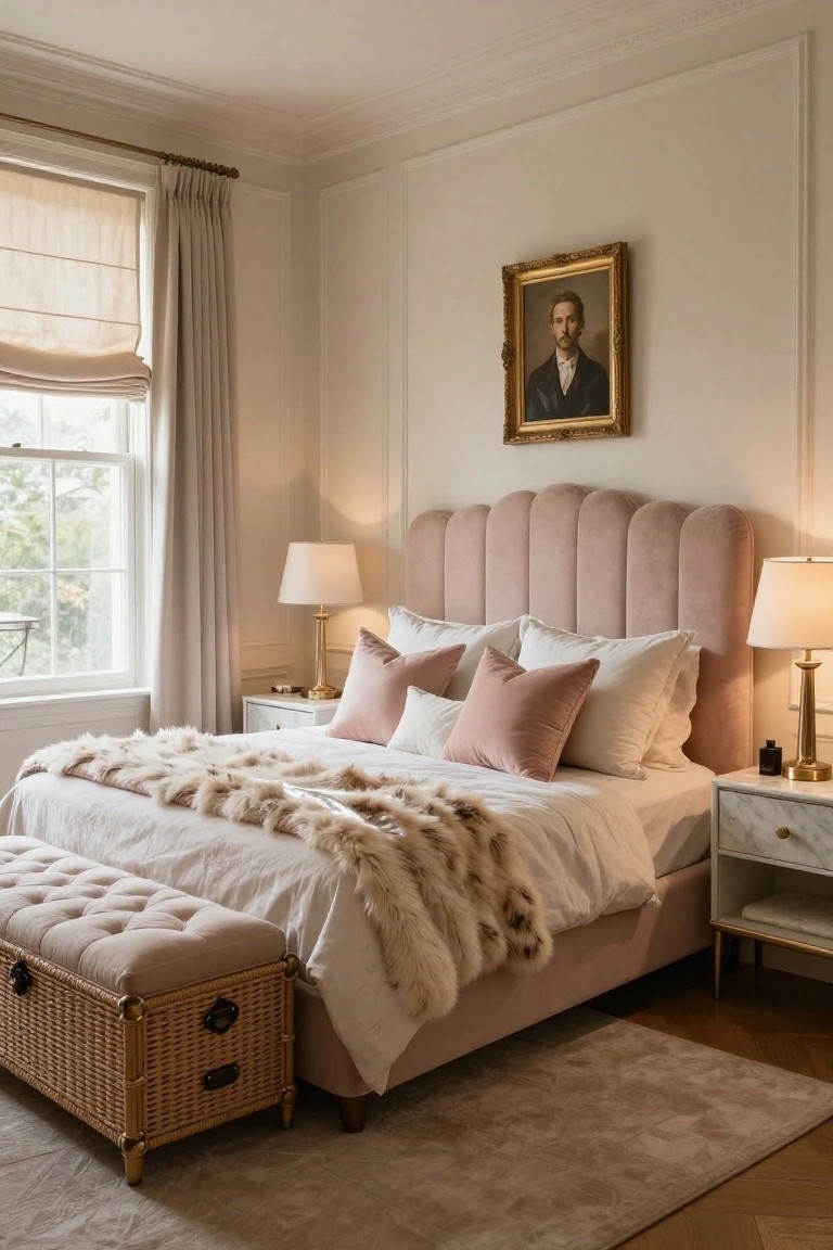 Bedroom interior showing a blush pink velvet scalloped headboard on a bed with white sheets, pink pillows, and a fur throw, marble nightstands with lamps, a pink upholstered bench at the foot, neutral walls with a portrait painting, and a window with beige curtains.