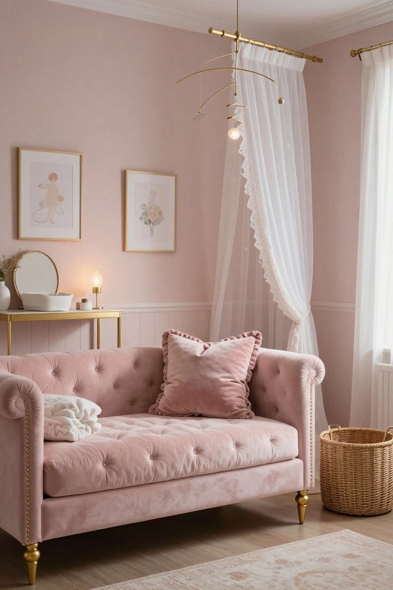 Blush pink-walled bedroom corner with tufted pink velvet sofa on gold legs, gold vanity table with round mirror and lamp, white lace curtains on windows, and two framed artworks on walls.