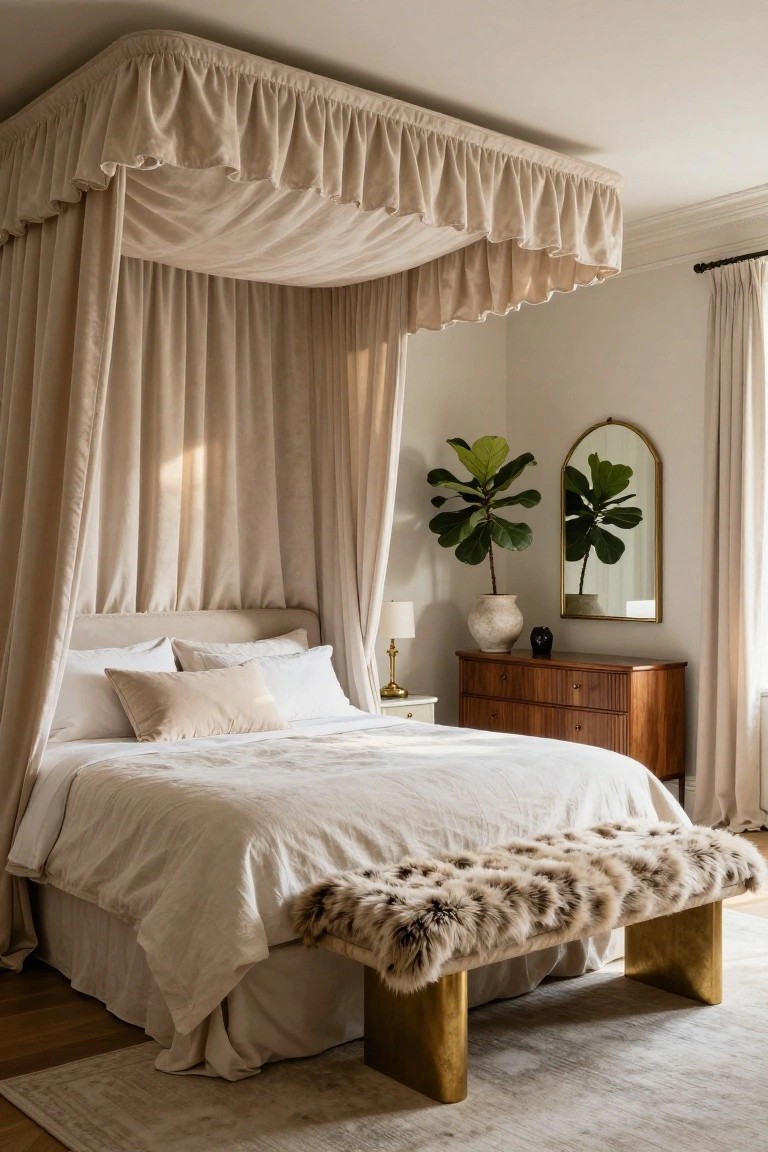 A bedroom with a upholstered bed under loose cream fabric canopy drapes, a wooden dresser, gold arched mirror with plants, table lamp, and fur-covered bench on brass legs.