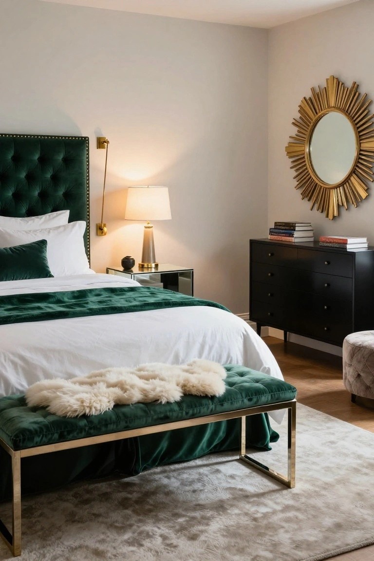Bedroom corner showing emerald green velvet tufted headboard on a bed with white sheets, green pillows and throw, bedside table with lamp and mirrored top, black wood dresser with books, gold sunburst mirror on wall, and gold-legged green velvet bench with white sheepskin rug at bed foot on light gray rug.