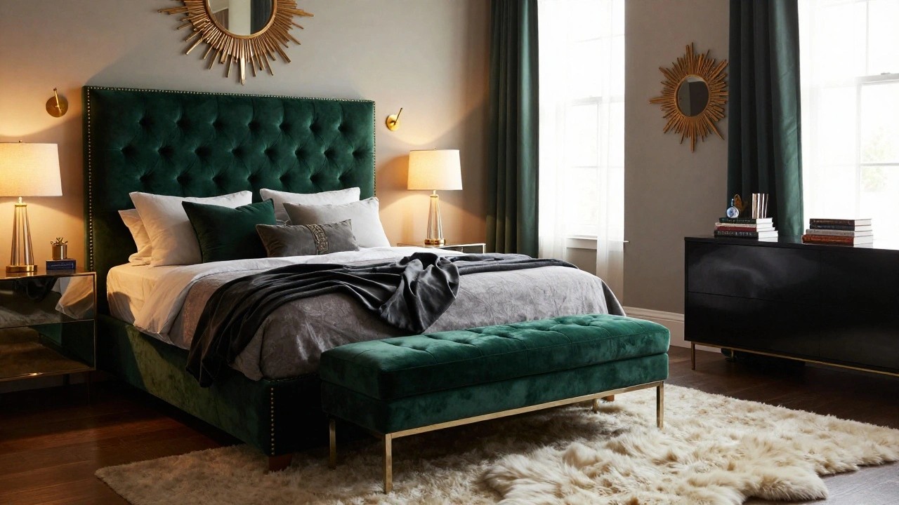 Bedroom corner showing emerald green velvet tufted headboard on a bed with white sheets, green pillows and throw, bedside table with lamp and mirrored top, black wood dresser with books, gold sunburst mirror on wall, and gold-legged green velvet bench with white sheepskin rug at bed foot on light gray rug.