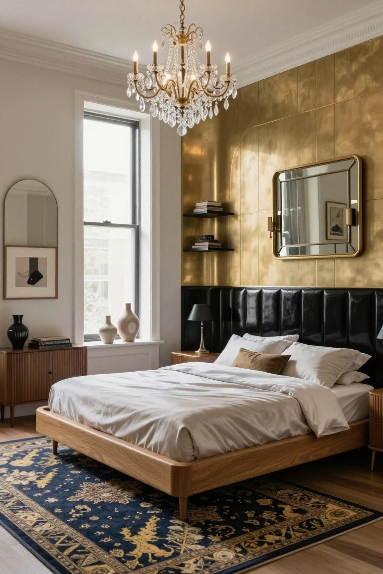 Bedroom interior with gold metallic tiled accent wall behind black tufted leather headboard on oak bed with white linens, crystal chandelier overhead, arched mirror, shelves, and window.