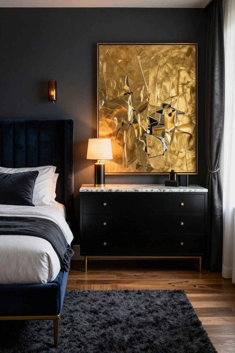 Bedroom interior with navy velvet tufted headboard bed, black dresser on gold legs, marble-top nightstand holding black lamp and perfume bottle, large gold metallic abstract artwork in gold frame on dark wall, and dark curtains beside wood floor with black rug.
