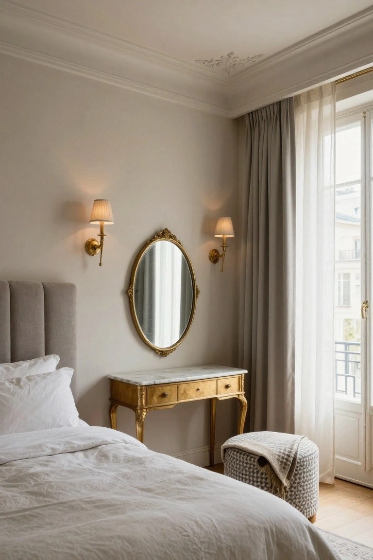 Bedroom interior with beige tufted headboard bed dressed in white linens, adjacent gold giltwood vanity table topped with white marble and oval mirror, matching sconces on wall, sheer gray curtains on open French doors to balcony, light neutral walls and wood floor.