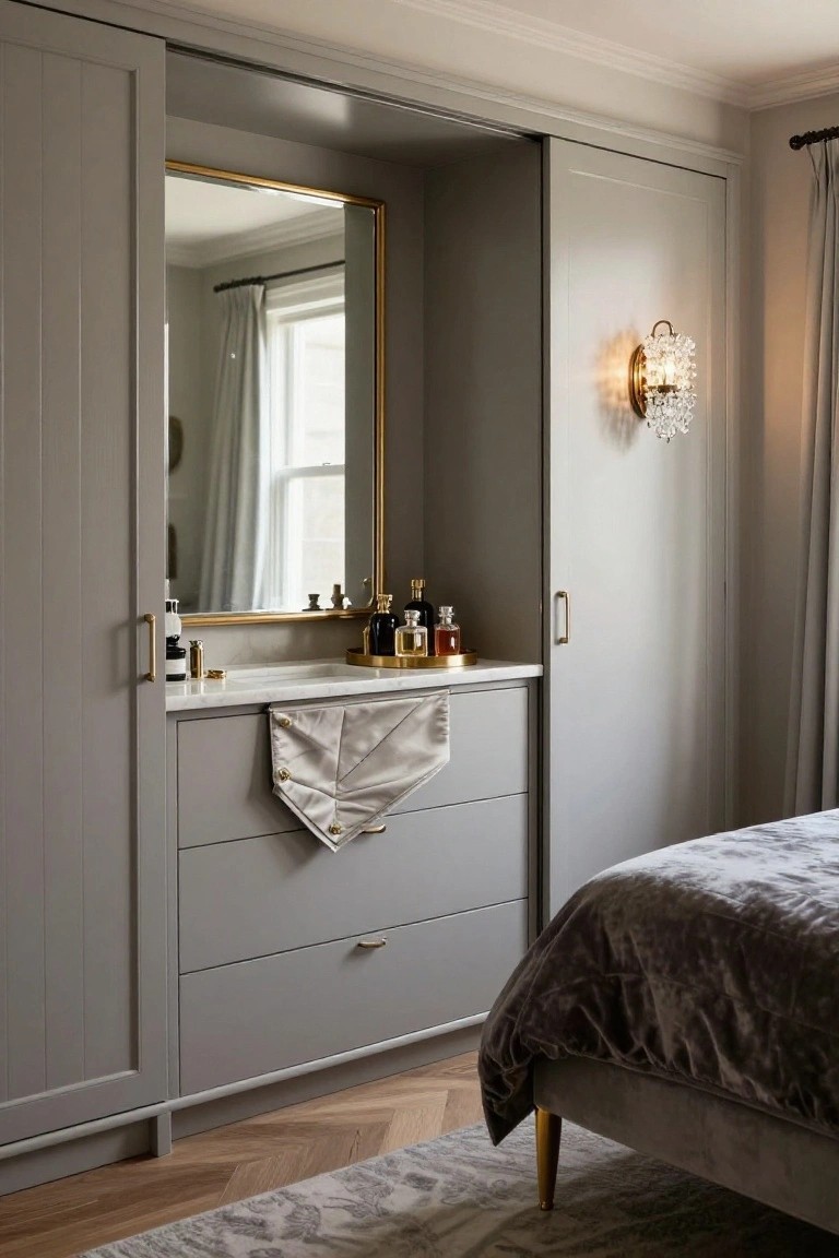 Gray built-in closet with marble vanity, gold mirror, and crystal sconce.