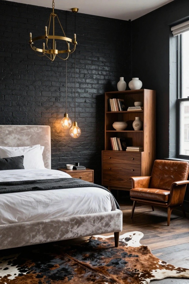 Modern bedroom with black brick wall, brass chandelier, velvet bed, and leather chair.