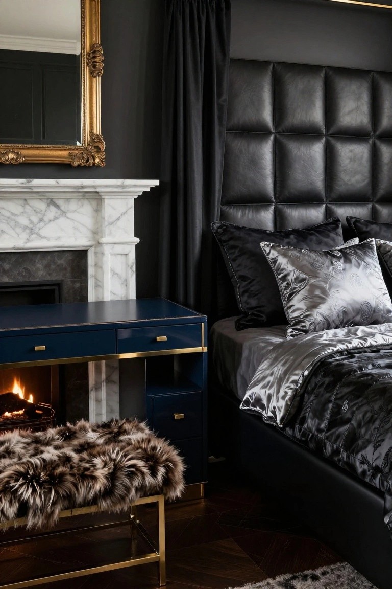 A bedroom with black tufted leather headboard, marble fireplace, navy desk with drawers, fur bench on gold legs, satin pillows and bedding, gold mirror, and dark curtains.