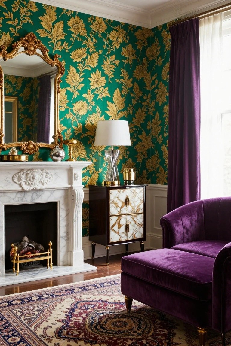 Corner of an interior room with emerald green floral wallpaper, ornate gold mirror above a white marble fireplace, purple velvet armchair and ottoman, wooden side table with inlaid design, and patterned rug on hardwood floor.