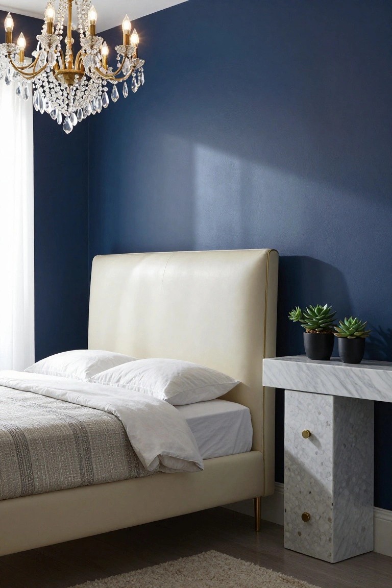 Bedroom interior featuring deep navy blue walls, a cream leather upholstered bed with white pillows and gray throw, crystal chandelier, marble pedestal nightstand with two black pots of succulents, sheer white window curtain, and light wood floor with rug.