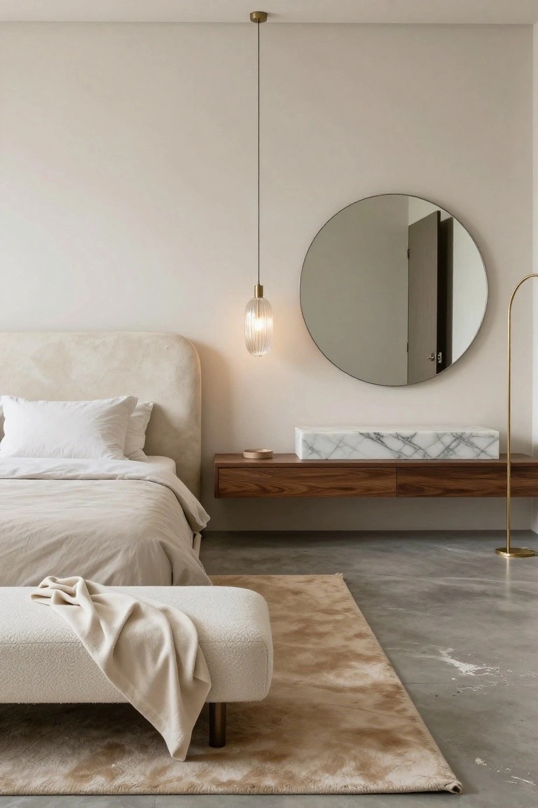 A bedroom with a curved beige upholstered headboard and bed, floating wooden nightstand shelf holding a white marble box, round wall mirror, gold floor lamp, plush bench with throw, and beige rug on polished concrete floor.