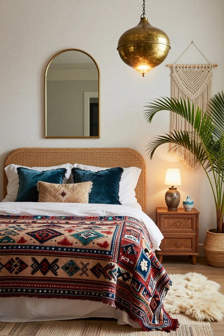 Bedroom with rattan headboard bed draped in colorful patterned kilim throw, teal velvet and beige pillows, white sheets, bedside table holding ceramic lamp and vase, gold arched wall mirror, brass pendant light, macrame wall hanging, potted palm plant, and seagrass rug on wood floor.