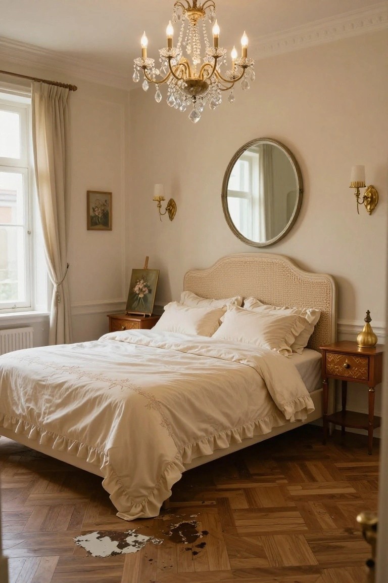 A bedroom with a bed covered in cream ruffled duvet and pillows, rattan-upholstered headboard, crystal chandelier, round mirror on beige wall, wooden nightstands, and parquet floor.