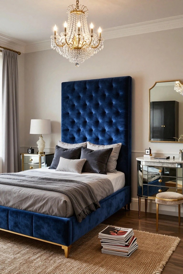 A bedroom with a tall navy blue velvet tufted headboard and matching bed frame on gold legs, gray bedding, crystal chandelier, mirrored furniture, and a seagrass rug.