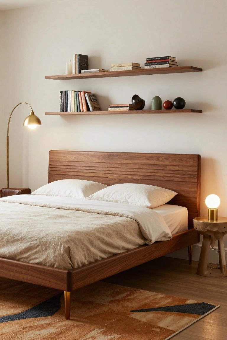 Bedroom interior with low walnut wood bed frame and slatted headboard, white linen bedding, brass bedside lamp on wood stump table, gold arc floor lamp, floating wood shelves holding books and ceramics above the bed, and abstract beige rug on wood floor.