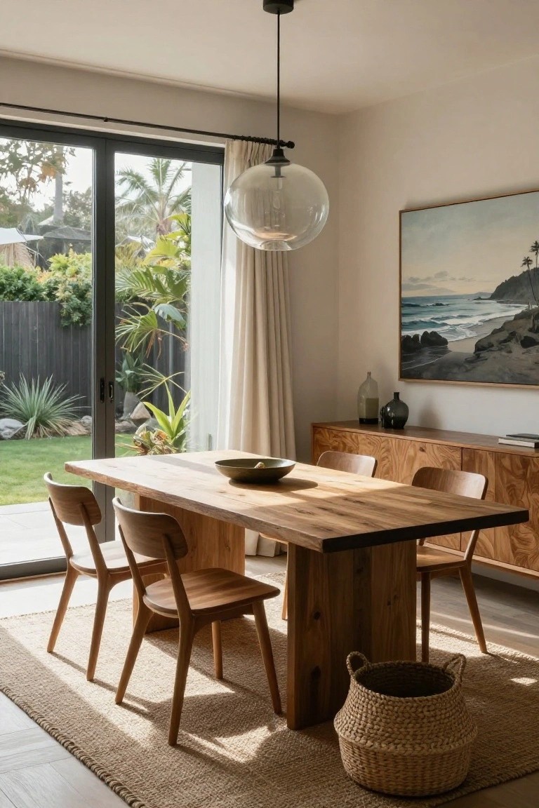 Dining room with rectangular live-edge wooden table, four wooden chairs, seagrass rug underneath, wooden sideboard with vases and book, large seascape painting on wall, glass globe pendant light, and sliding glass doors to lush backyard garden.