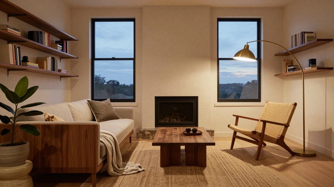 Modern living room with tan corduroy L-shaped sofa, wooden bookshelves and credenza, rattan chairs, large potted plant, gold arc lamp, and floor-to-ceiling windows to garden view.
