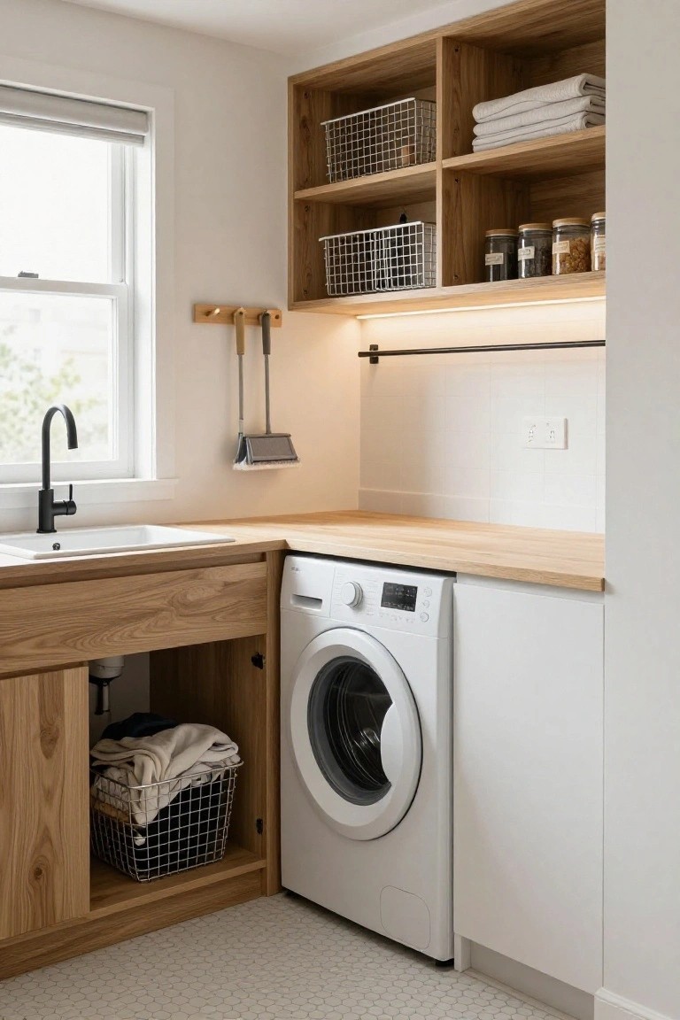 Laundry room interior with oak cabinets enclosing a white front-loading washer, wooden countertop sink with black faucet, open wire shelves with baskets, and white tiled backsplash.