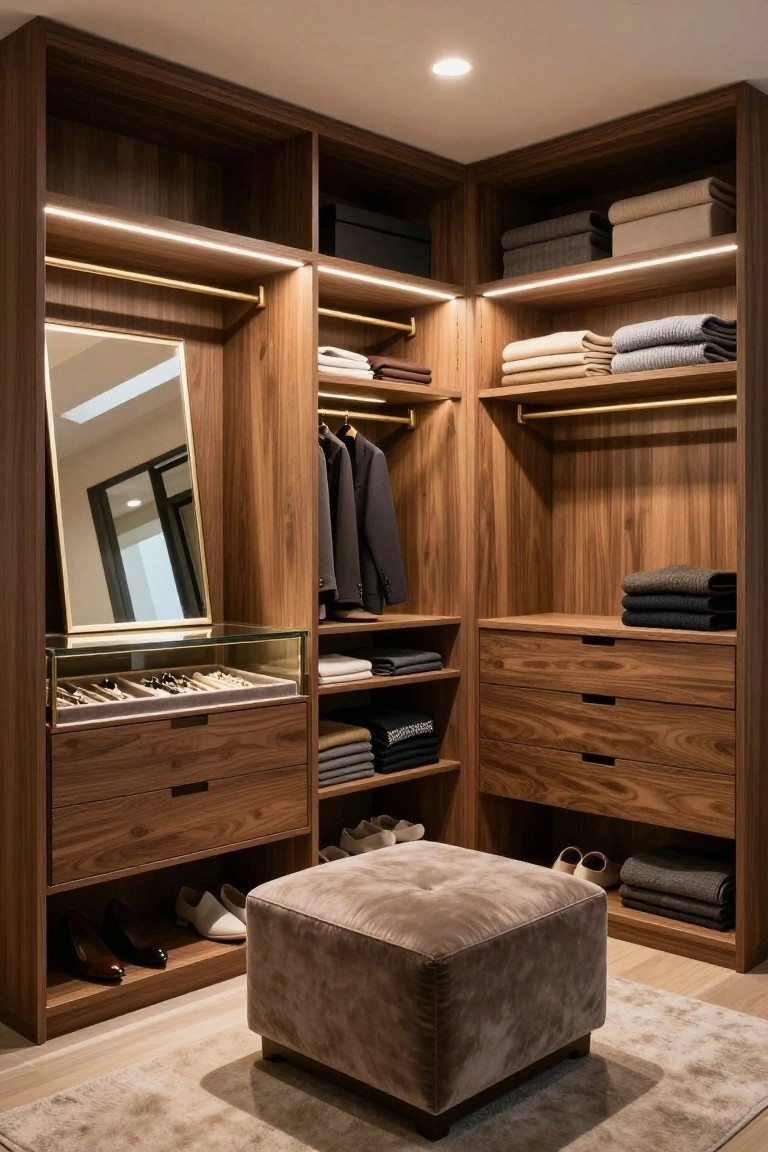 Corner walk-in closet with walnut wood cabinets, gold hanging rods, LED strip lighting, shelves holding folded clothes and linens, hanging suits, drawers, a mirrored vanity with glass jewelry case, shoes on lower shelves, and a beige upholstered ottoman on light wood flooring.