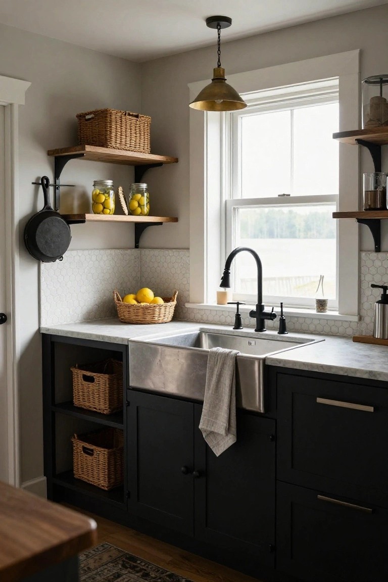 Kitchen corner with black lower cabinets, white marble countertop, stainless farmhouse sink with black faucet, white subway tile backsplash, wood open shelves holding jars and baskets, brass pendant light, and window with water view.