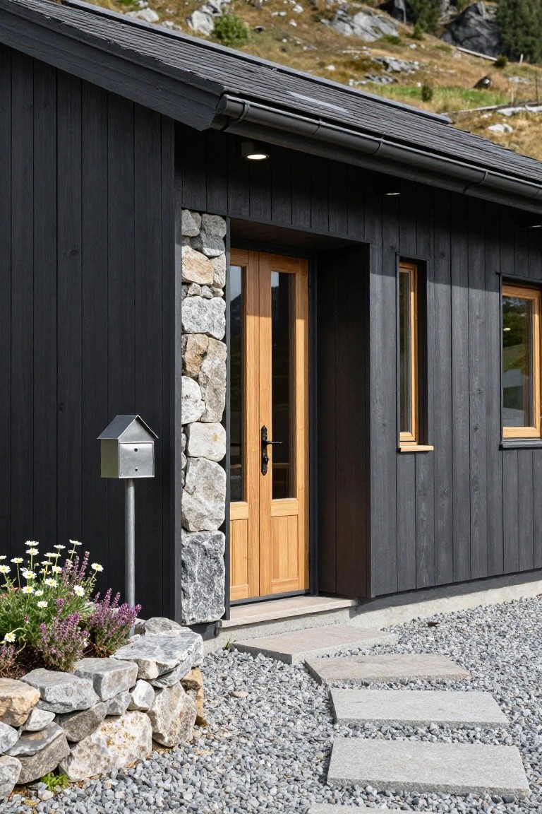 Black wood siding on a cabin exterior with a tall stone pillar framing a double wooden door, metal house-shaped mailbox on a post, small flower bed with daisies and lavender, stone steps, and gravel ground in front of rocky mountains.