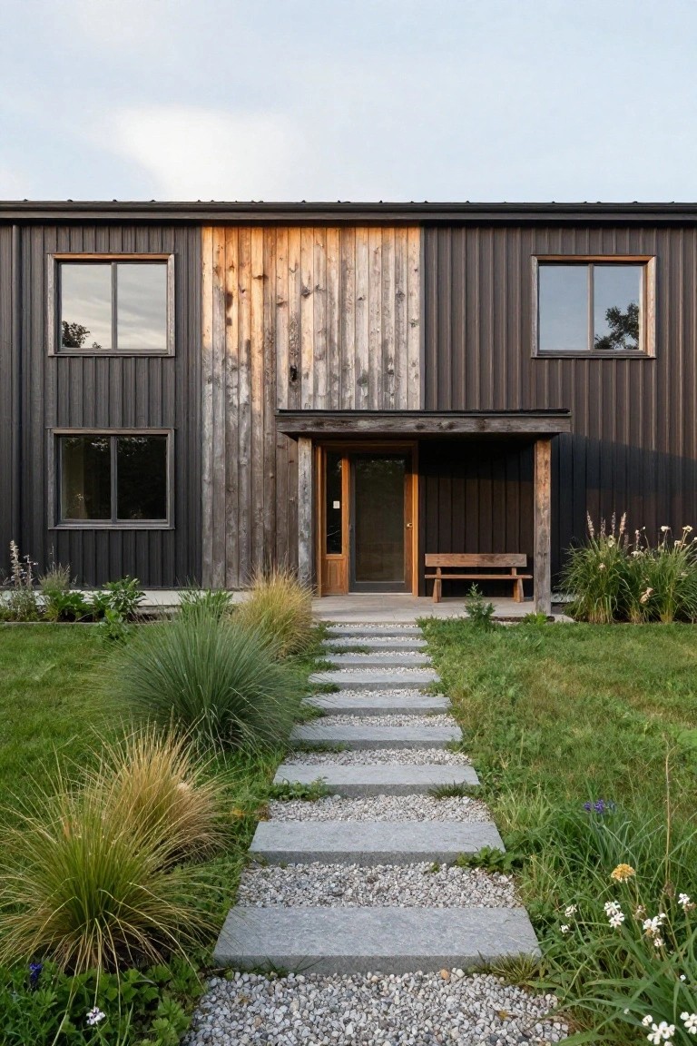 Front exterior of a rectangular two-story house featuring black corrugated metal siding on one side, vertical weathered wood planks on the other, a covered wooden entry porch with bench and door, and a stone stepping path through grass and ornamental grasses.