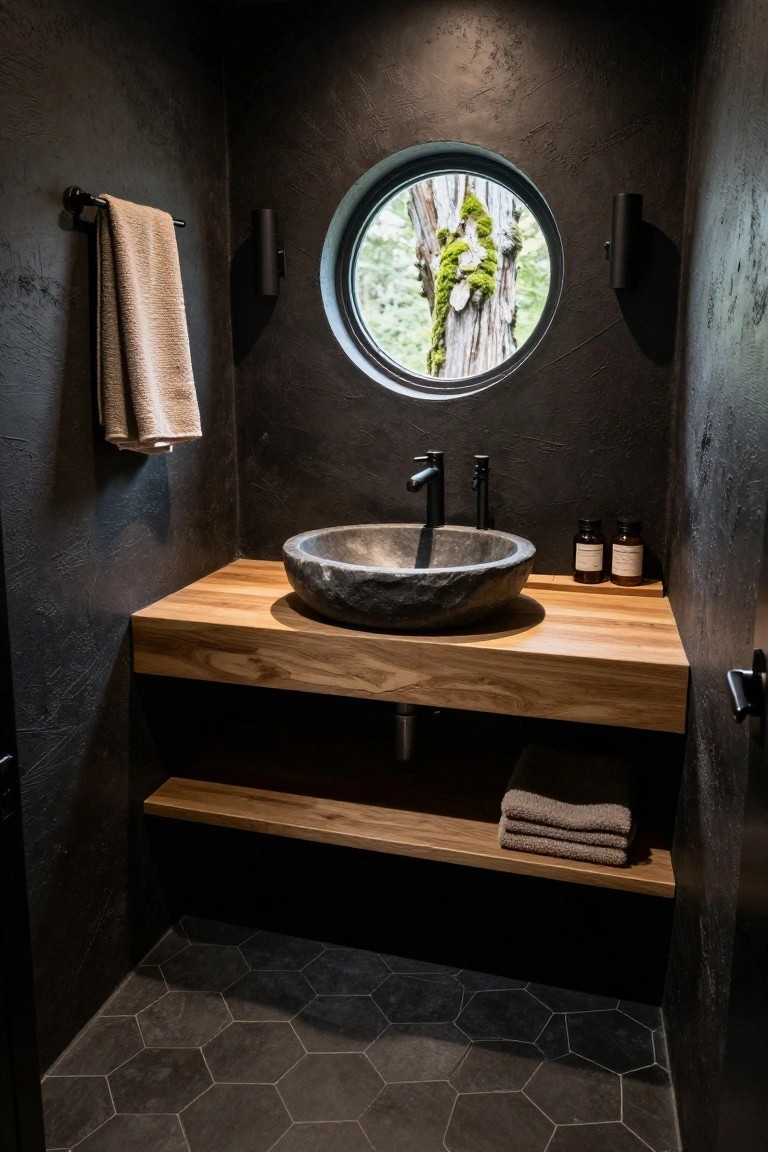 Small dark-plastered bathroom featuring a wooden vanity with gray stone vessel sink, black fixtures, beige towels, round window framing moss-covered tree trunk, and hexagonal black floor tiles.