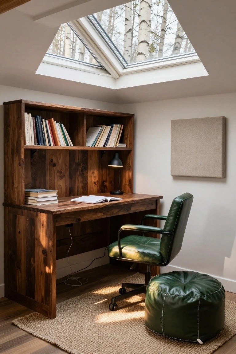 Wooden built-in corner desk with open bookshelves above, green leather office chair, footstool, desk lamp, open book on desk, beige wall panel, and skylight overhead with birch trees visible outside.