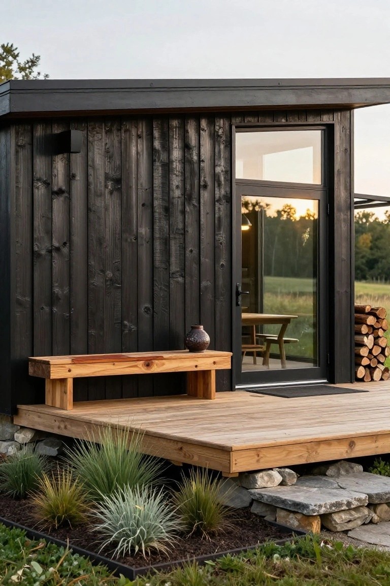 Small modern cabin with black vertical wood siding, a light wood bench holding a vase on a wooden deck, glass entry door showing interior table, stack of firewood, and ornamental grasses with rocks nearby.