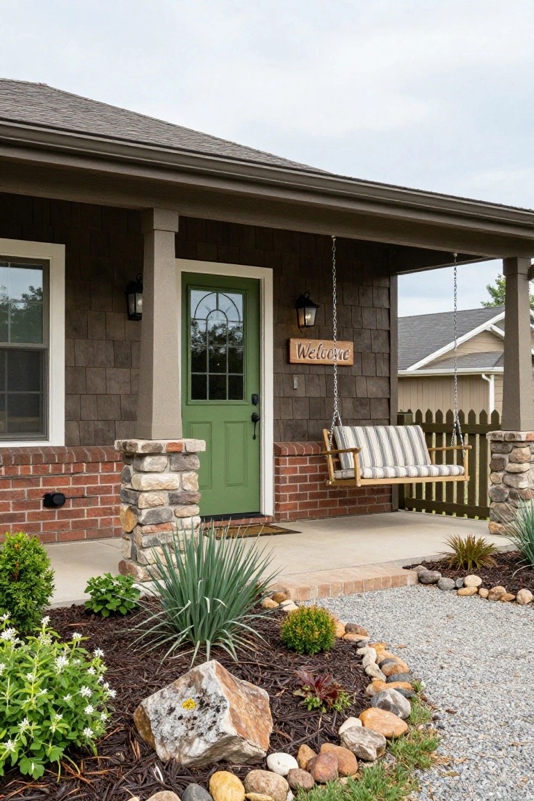 Front exterior of a Craftsman-style house with dark shingle siding, green glass-paneled door, covered porch holding a wooden hanging swing with striped cushions, stone pillars, lantern lights, and gravel pathway edged by plants and rocks.