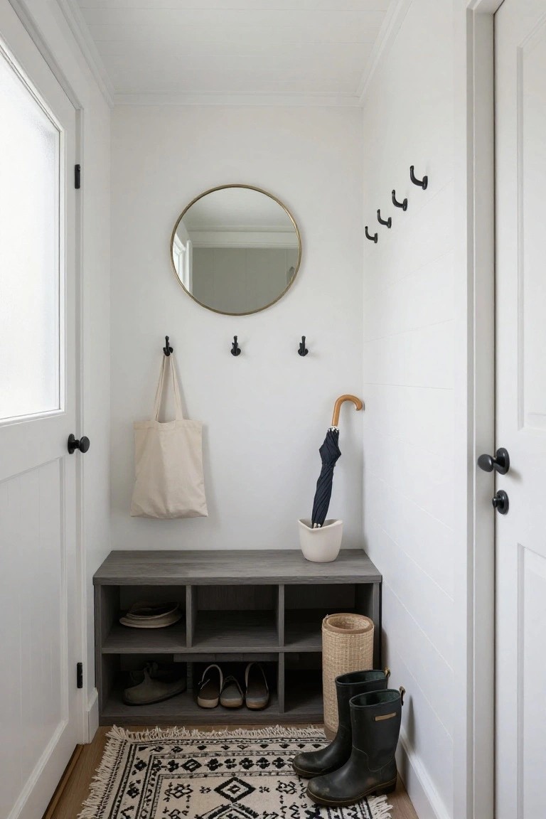 Narrow white interior entryway with gray bench having open shelves for shoes and plates, black hooks holding beige tote bag and umbrella, round gold mirror, black wellies on floor beside wicker basket, and black-and-white woven rug.