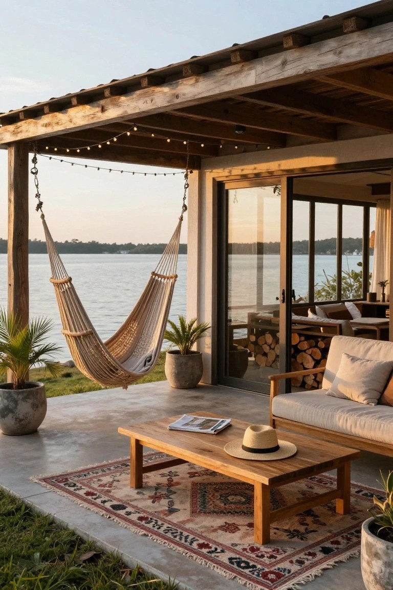Beige hammock suspended from wooden beams on a covered patio overlooking a lake, with outdoor sofa, wooden coffee table topped with a hat and magazine, patterned rug, potted plants, firewood stack, and sliding glass doors to the house interior.