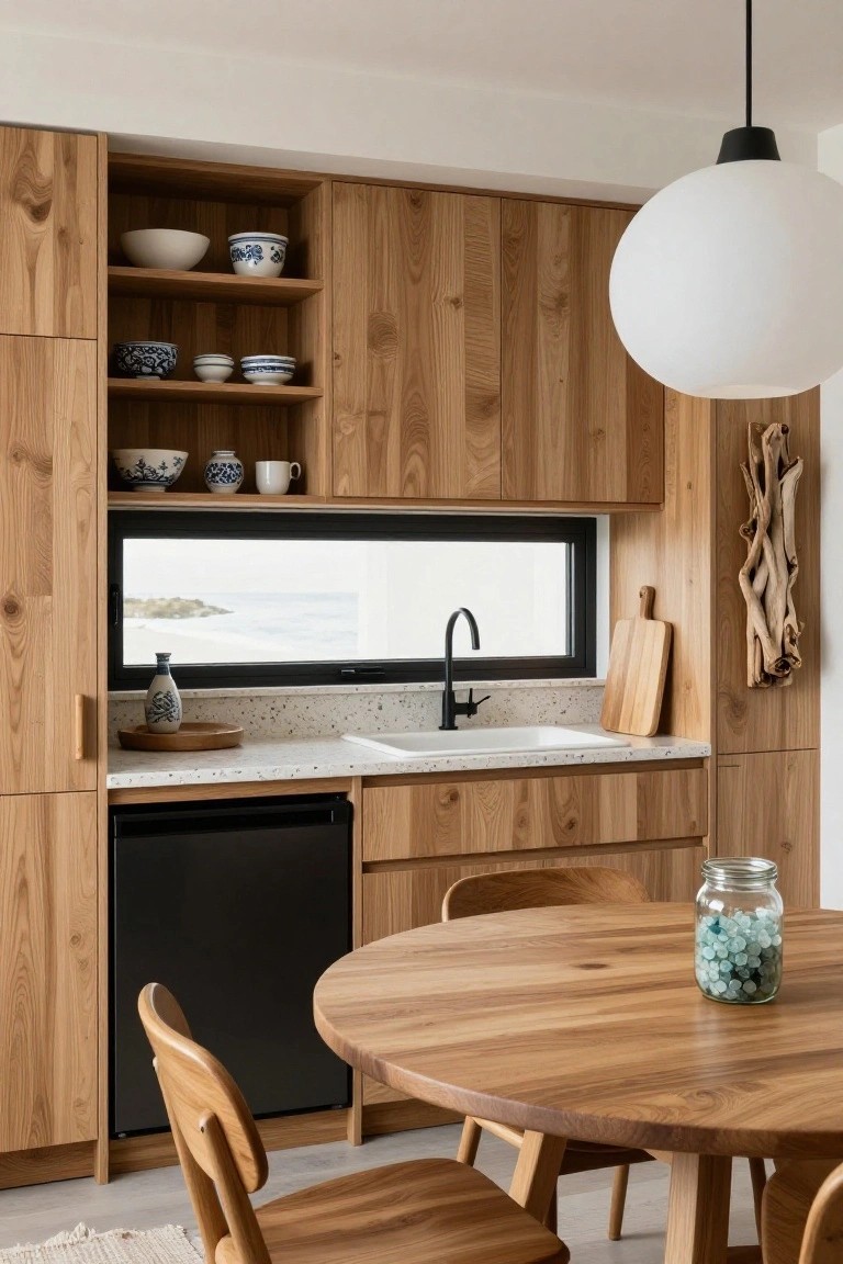Wooden kitchen interior with tall oak cabinets, open shelves holding white bowls and blue ceramic dishes, terrazzo countertop and double sink under a horizontal black-framed window showing ocean and rocky coast, black dishwasher, and nearby round wooden table with chairs.