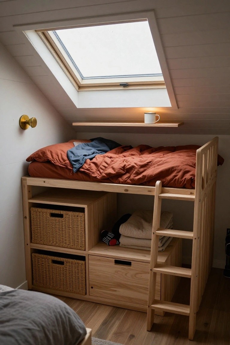 Wooden lofted bed frame with integrated storage drawers and wicker baskets underneath, ladder on one side, orange bedding, in a small attic room with sloped white ceiling and skylight.