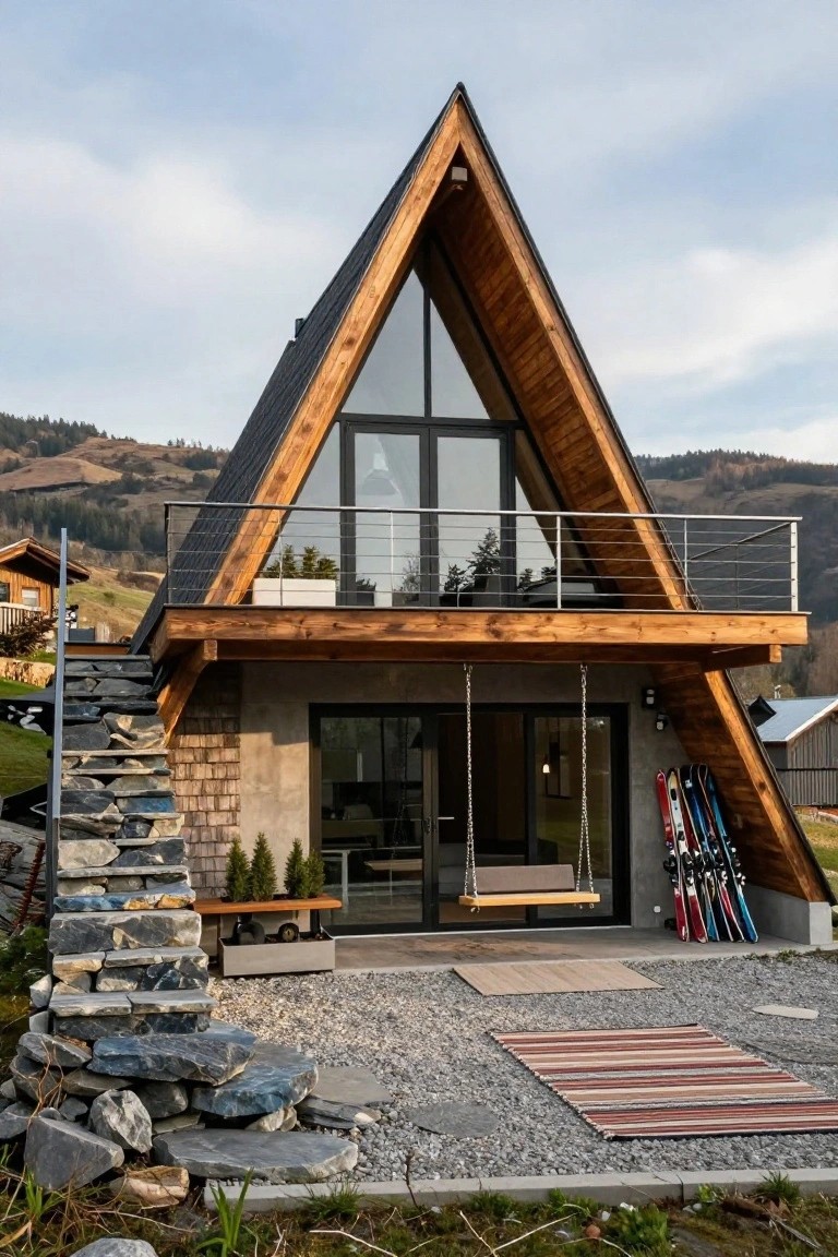 A wooden A-frame cabin with dark shingled roof, large triangular glass window, metal balcony railing, stone steps, hanging swing, ski racks, and surrounding gravel patio on a grassy slope with hills and trees in the background.