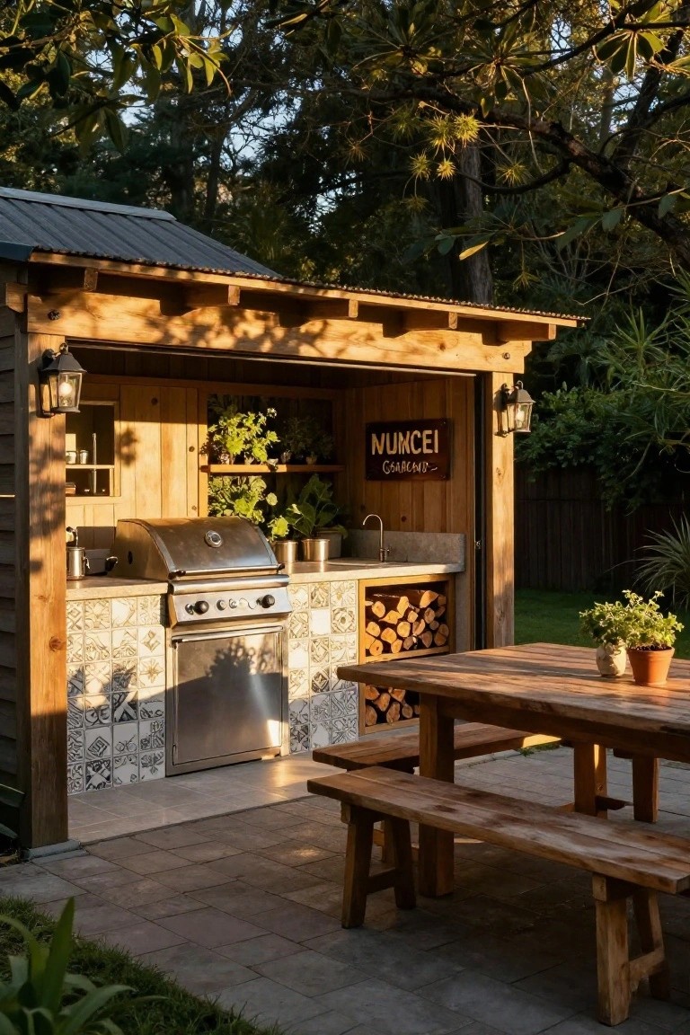 Wooden pavilion sheltering an outdoor kitchen with stainless steel grill, sink, tiled backsplash, firewood storage, pendant lights, and nearby wooden table with benches on a paved patio surrounded by garden plants and trees.