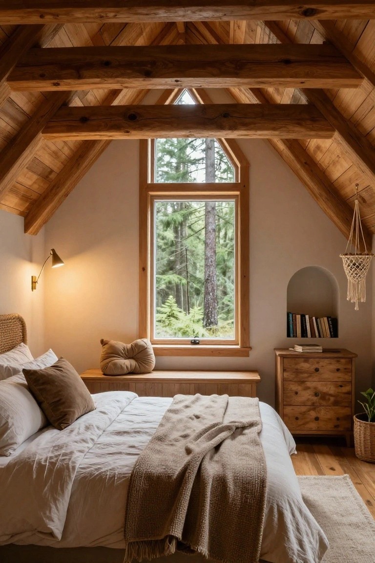 Cozy cabin bedroom featuring vaulted ceiling with exposed wooden beams, large triangular window with forest view, low wooden bed with beige linens and pillows, built-in window bench, wooden dresser, wall lamp, macrame hanger, and potted plant.