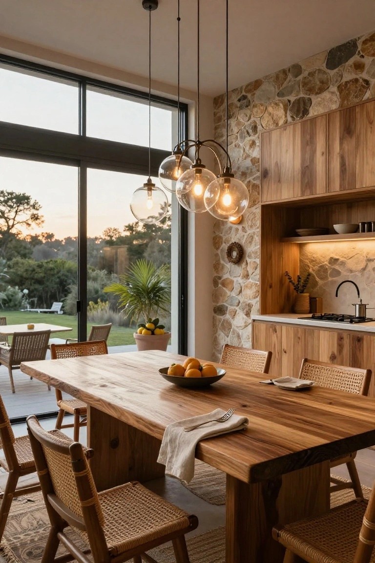 Kitchen interior with textured stone accent wall, wooden cabinets, live-edge dining table, rattan chairs, pendant globe lights, and large sliding glass doors opening to a garden patio and landscape.