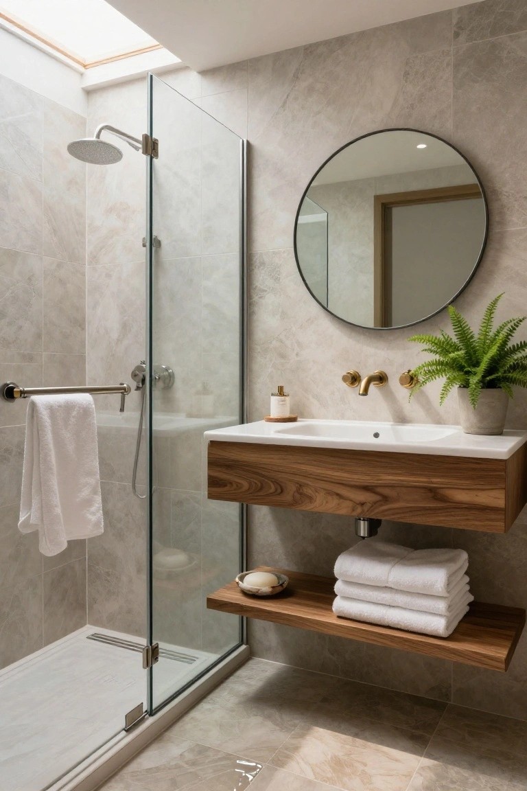 Modern bathroom featuring a glass shower enclosure, floating wooden vanity with white sink and brass faucet, round black-framed mirror, gray marble-look tiles, and a potted fern plant.