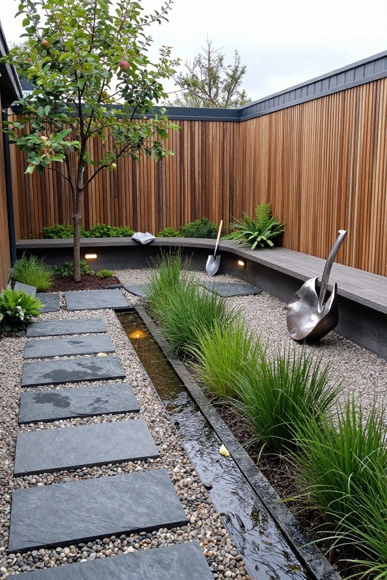 Enclosed courtyard garden with light wooden vertical fences, built-in concrete bench, young apple tree with fruit, black rectangular stepping stones on gravel path beside narrow flowing water channel lined with ornamental grasses and ferns, plus two metal shovel sculptures.