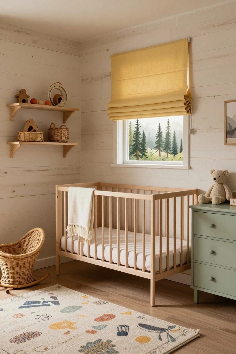 Nursery room with whitewashed plank walls, blonde wood crib draped in white blankets, mint green dresser topped with teddy bear, wicker rocking chair, floating shelves holding wooden toys and baskets, and window with yellow roman shade over forest mural.