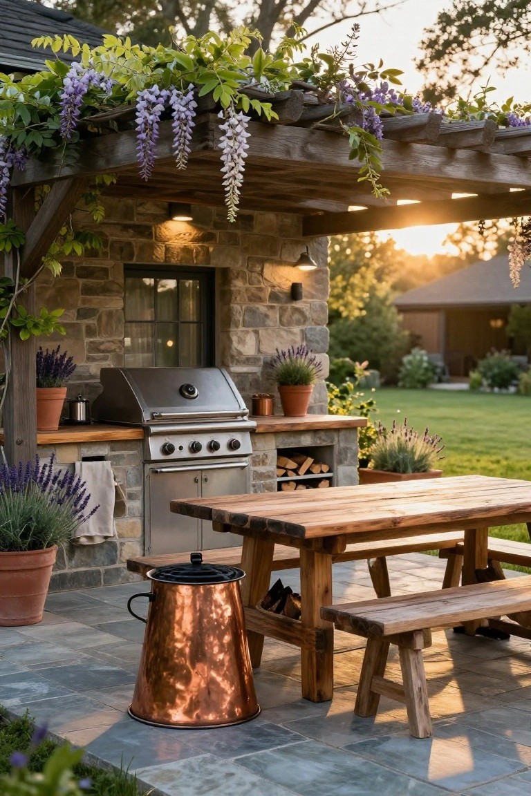 Stone outdoor kitchen with stainless steel grill under wooden pergola covered in purple wisteria vines, wooden picnic table and benches on slate patio with potted lavender plants and copper bucket.
