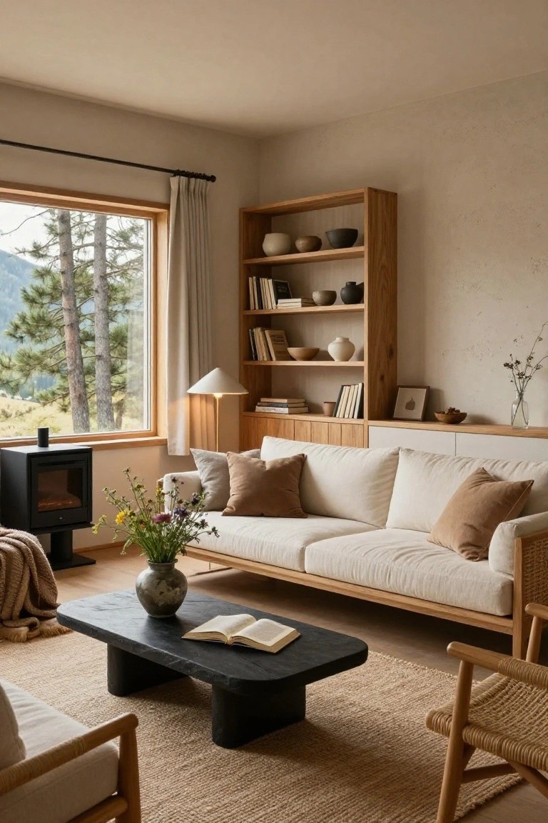 Cabin living room with light wood built-in shelving and cabinets displaying pottery and books, a light sofa with beige pillows, black coffee table, wood stove, and large window showing pine trees and mountains.