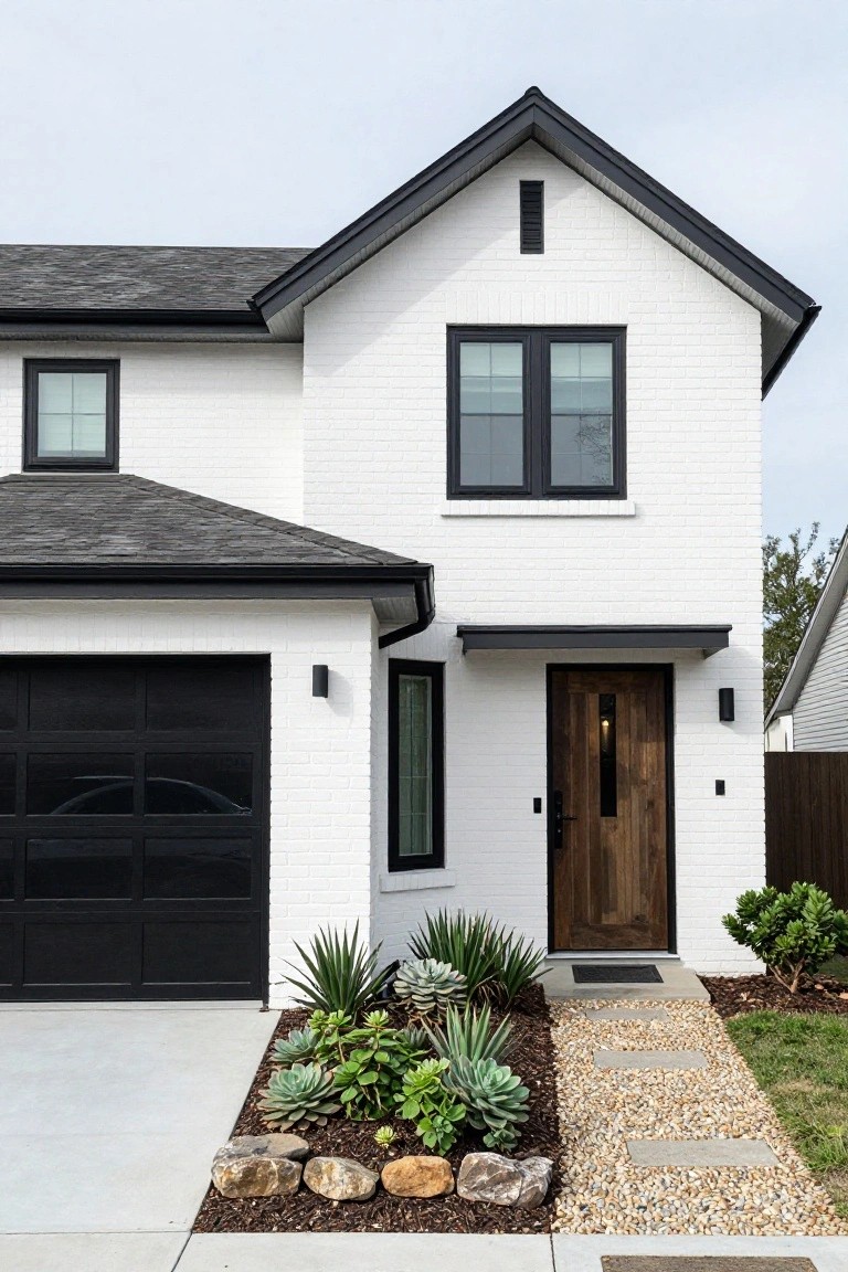 Front view of a two-story white brick house with black metal roof edges, black-framed windows, black garage door, wooden front door under a black awning, and low succulent plants along the concrete driveway and gravel path.